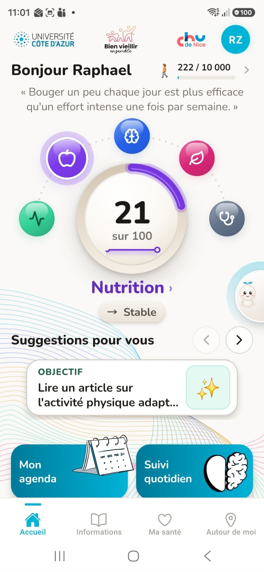 Accueil de l’application Bien Vieillir Ensemble : les cinq dimensions de santé autour du score, les suggestions du jour, l’agenda et le suivi quotidien.